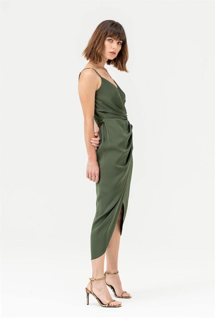 Tie Side Cami Wrap Dress in Khaki Green ...